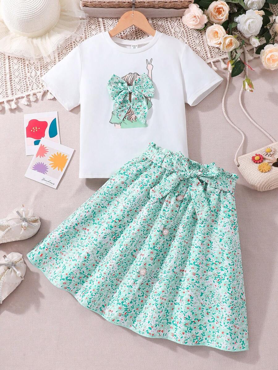 青春期前女孩可爱蝴蝶装饰图案 T 恤和碎花裙 2 件套装，可爱休闲风格适合度假、春季郊游、日常穿着 - 薄荷綠 - 查看 1