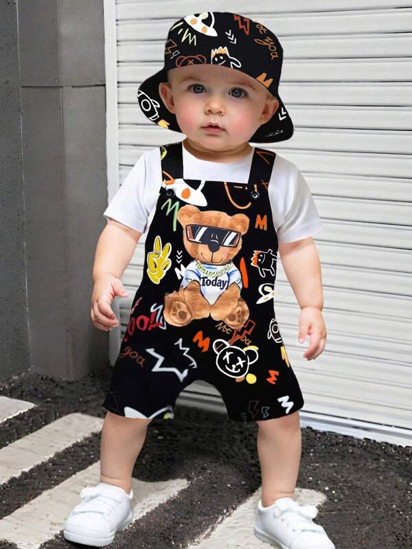 SHEIN Outfit für Babyjungen im Straßen-Stil mit Shorts und Accessoires wie Hüte. Baby- und Kleinkind-Outfit im Unisex-Look, Romper für den Sommer