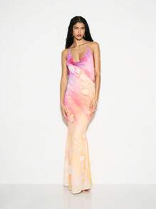 KIZN Vestido maxi con cuello de capucha, estampado de acuarela, halter, con espalda descubierta, vestido de noche con deslizamiento de malla, fluido, para invitados de boda de verano, formal, vestido de gala de ocasión especial - Multicolor - Ver 3