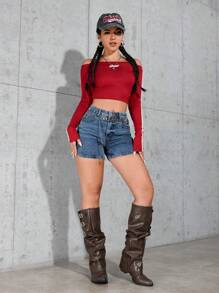 SHEIN PETITE Women's Fashionable Denim Shorts, Suitable For Summer - Blue - View 4