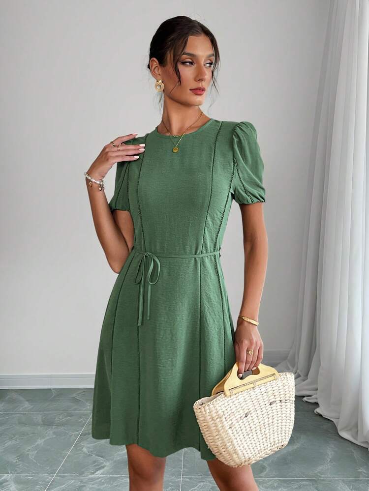Women's Vacation Casual Solid Color Puff Sleeve Mini Dress