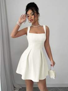 Rafferiza Women Solid Color Contrast Panel Wide Strap Studded Casual Dress - Beige - View 4