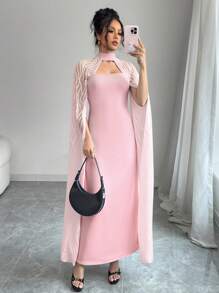 Rafferiza 女士优雅黑色蕾丝长裙，带披肩，适合度假 - 粉色 - 查看 1