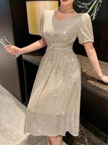 DAZY Women's Sparkling V-Neck Puff Sleeve Long Party Dress, Spring/Summer Luxury Prom Dress Sequin Elegant Women Dresses New Year Eve Dress Carnival Sparkly Dress - White - View 6