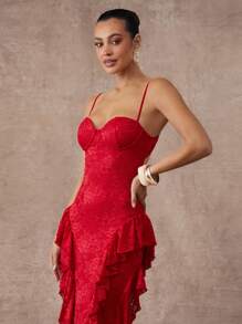 Silquee Váy hè thanh lịch chất lượng cao cấp cho quý cô, Váy hè thanh lịch, Nữ tính thanh lịch, Váy dây mảnh thêu ren jacquard màu đỏ cho quý cô, Váy tốt nghiệp cho quý cô - Đỏ - Xem 4