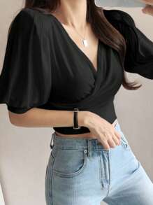 DAZY Camiseta Corta De Cuello Cruzado Sólido - Negro - Ver 4