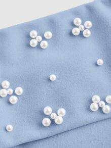 SHEIN MOD 女士优雅蓝色奢华珍珠修身阔腿连体裤，秋冬女士连体裤，外出、工作服、返校节、婚礼、音乐会女装 - 藍色 - 查看 3