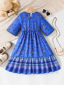 Vestido de niña con escote en V, parches y estampado floral diminuto, estilo largo, albornoz adecuado para vacaciones, primavera y verano - Multicolor - Ver 2