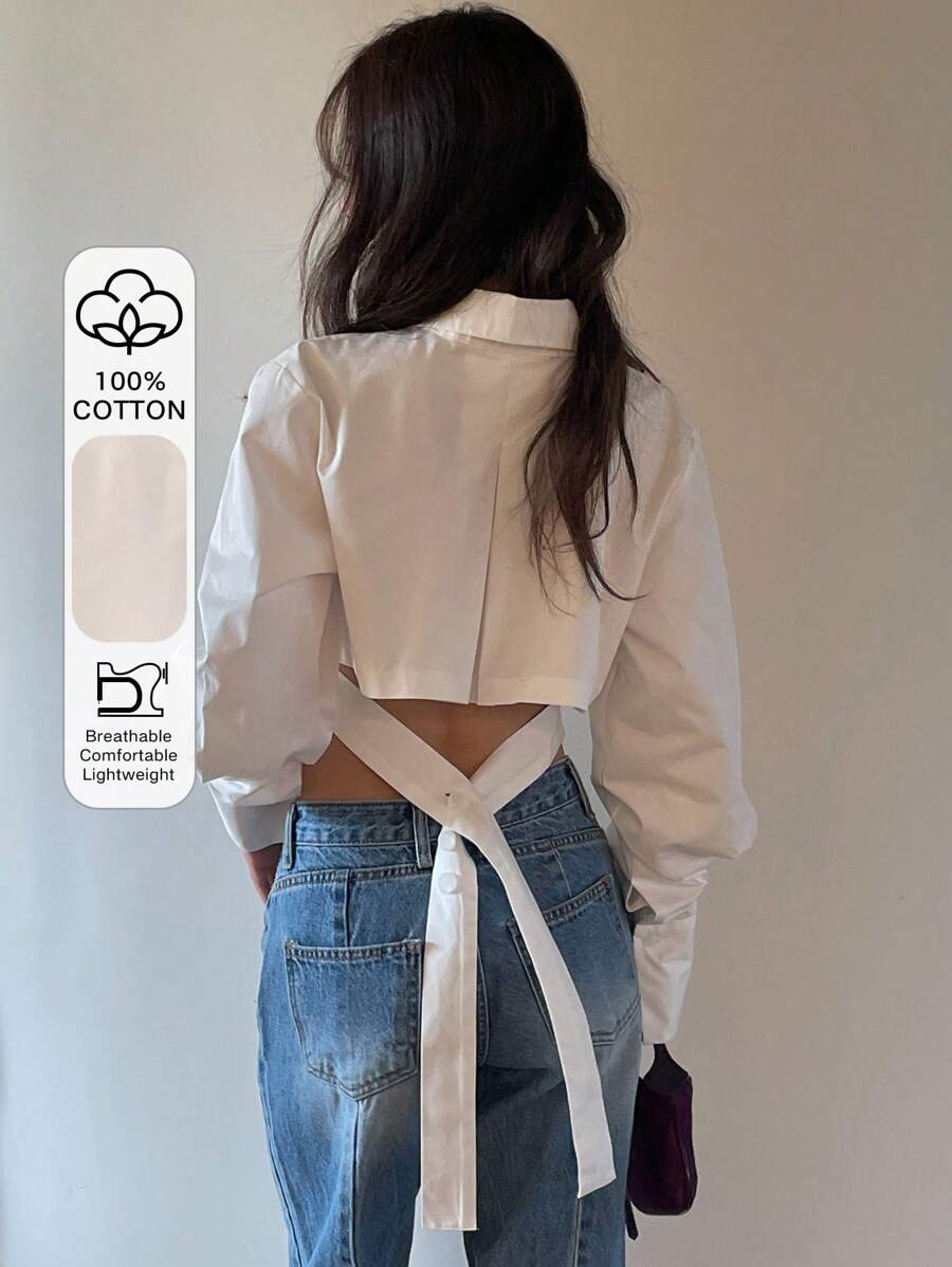 DAZY Women's Solid Color Tie-Waist Cropped Long Sleeve Shirt, White, Spring/Summer/Autumn