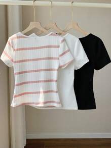 Comfortcana Bộ 3 Áo thun nữ cổ tròn tay ngắn cơ bản, đen và trắng - Nhiều màu - Xem 2
