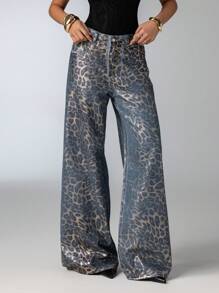 Aloruh 女士时尚豹纹阔腿牛仔裤 - 淺藍色 - 查看 7