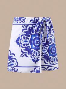 Swim Oasis 2025 New Women 3pcs/Set Printed Swimsuit With Skirt & Mesh Pants, Casual Beach Holiday One Piece Swimsuit Set For Summer