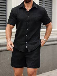 Manfinity Homme Men's Black Woven Fabric Short Sleeve Collared Shirt And Shorts Set With Geometric Pattern Detail And Pockets - Black - View 4