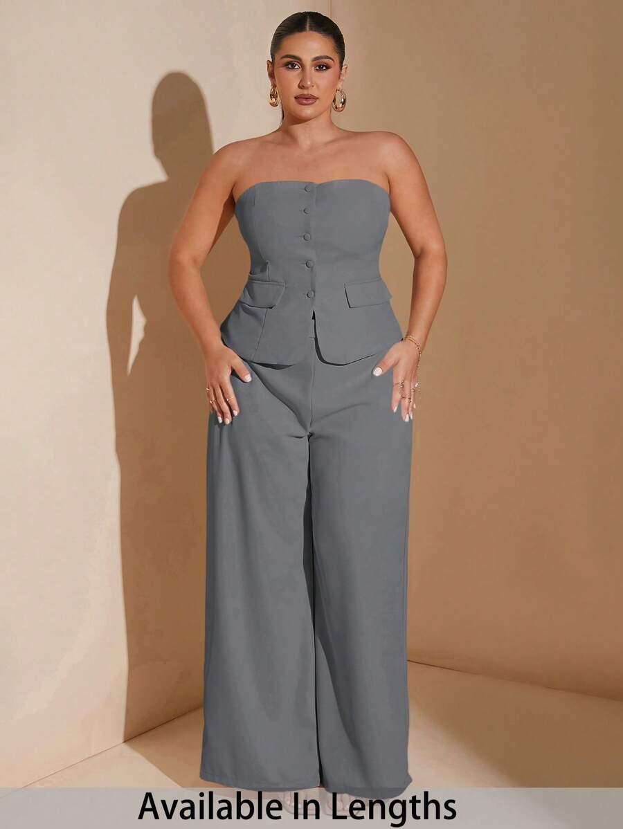 SHEIN Tall CURVE Plus Size Women's Elegant Date Sweet Girl Solid Color Bustier-Style Blazer Summer Suit, Suitable For Work Uniform Office Chic Lady Suit Women S Clothes Women Plus Clothing Business Casual Women Summer Clothing Woman S Summer Clothes Women Dresses Birthday - Dark Grey - View 1