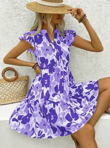 Breezaya Vacation Casual Floral All Over Print Cap Sleeve Dress - Purple - View 3