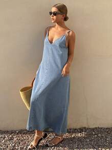 Livesso Vestido vaquero holgado de unicolor, informal y sin mangas para vacaciones de verano para mujeres