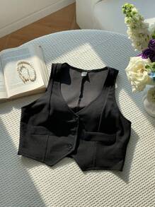 Comfortcana Spring Break1pc Button Front Crop Waistcoat In Fall/Winter - Black - View 5