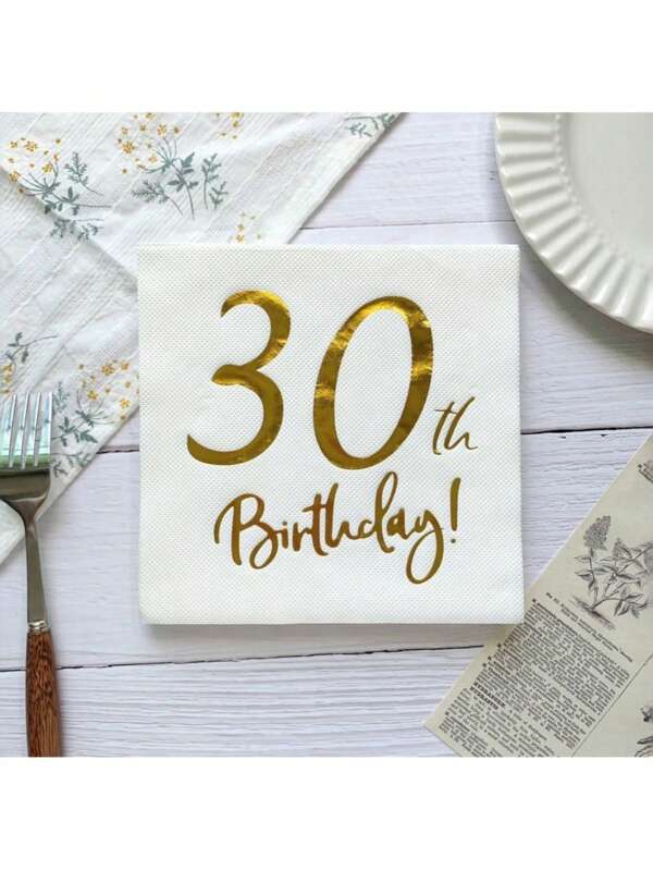 SHEIN 20 guardanapos para festa de 30º aniversário com estampa branca e dourada, 6,5 x 6,5 polegadas, feitos de celulose original, adequados para hotel, restaurante, bar, talheres descartáveis, guardanapos para dia dos namorados, casamento, aniversário