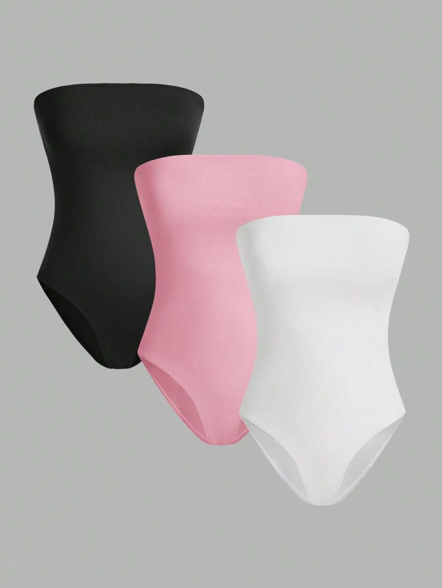 SHEIN EZwear 3件套女士休闲连体衣，黑/白/粉三色可选，夏季无缝连体衣，女士塑身抹胸连体衣，无肩带塑身衣 - 彩色 - 查看 1