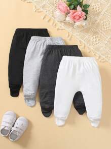 SHEIN Playful Pals 4 件套男婴纯色简约无脚连体裤套装，适合运动、家居和休闲穿着，春秋季 - 彩色 - 查看 2