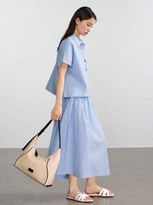 Dazy-Less Conjunto de 2 piezas para mujer estilo casual holgado de unicolor, simple, estilo de dinero viejo, traje informal de negocios - Azul - Ver 8