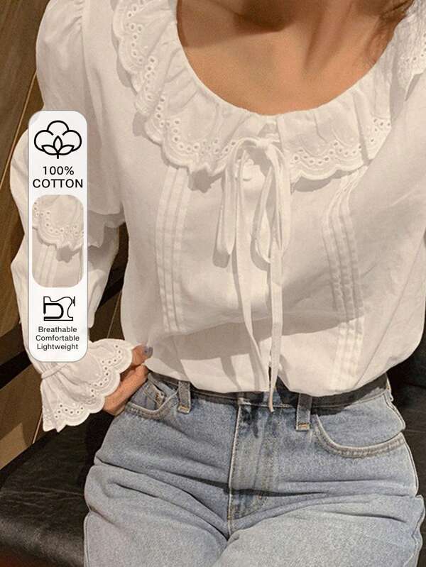 DAZY Camisa de mujer informal de cuello redondo con volantes y lazo al frente, de unicolor, para otoño