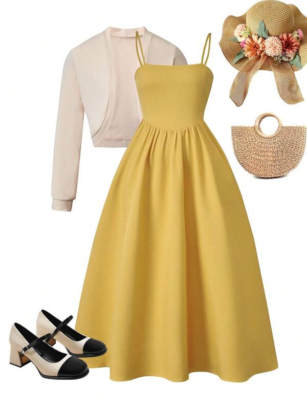 2pcs/Set Casual Date Outfit For Teens (Girls): Long Sleeve Cardigan Jacket And Spaghetti Strap Dress