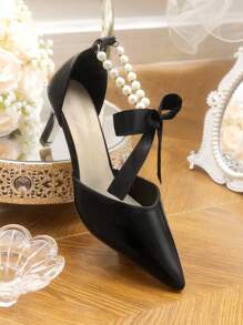 CUCCOO HITCHD Women's Pearl Ribbon Chain Ankle Tie Pointed Toe Stiletto High Heel Shoes, Sweet And Elegant, Classic Black Patent PU Leather Hollow-Out Pumps For Wedding, Bridesmaid, Princess, Party, Prom - Black - View 14