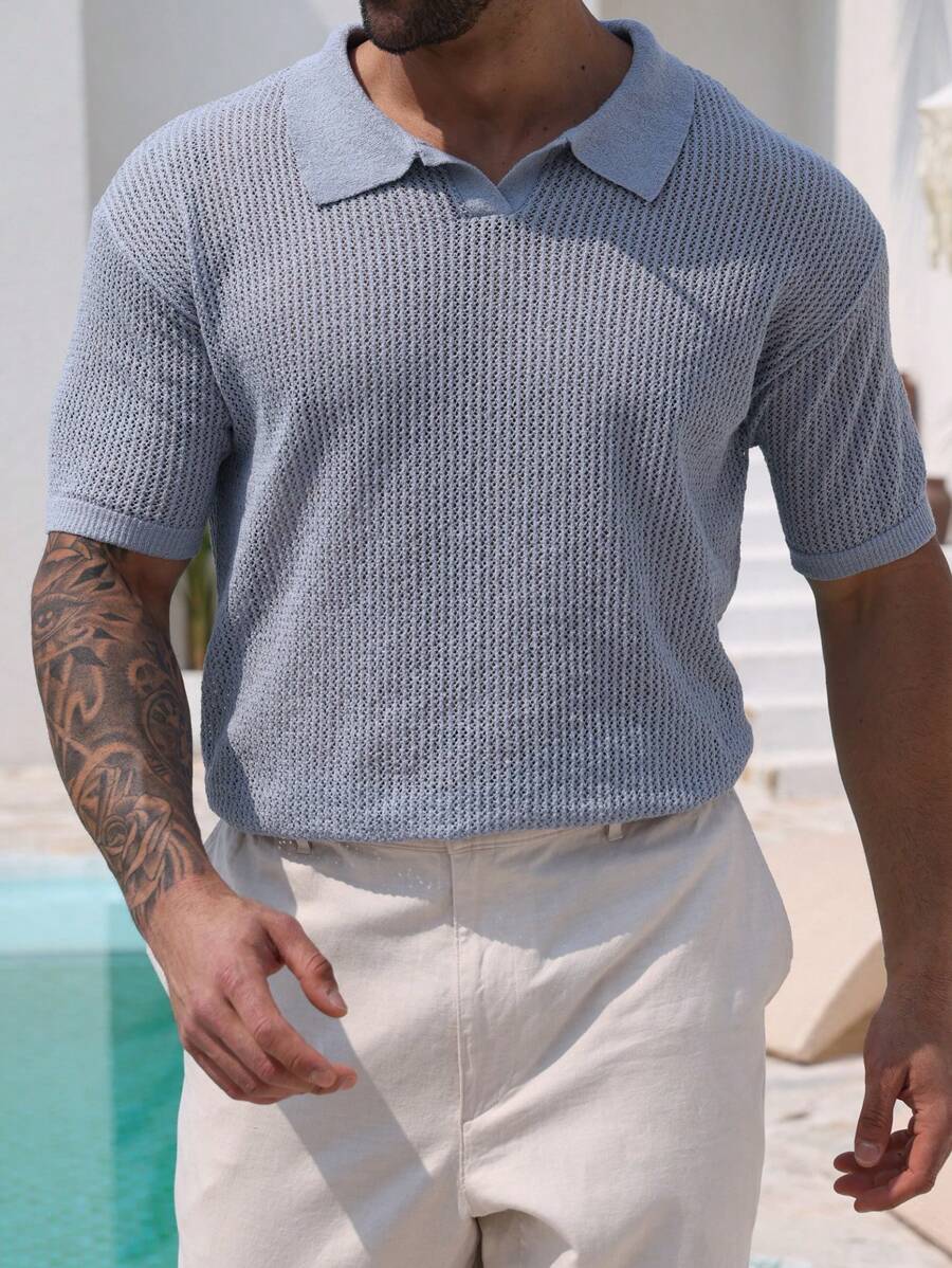 DAZY Summer Blue Ribbed Twist Knit Top For Men - Blue - View 1