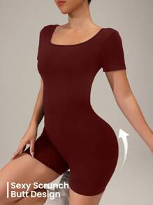 SHEIN Sports 纯色露背紧身圆领短袖无缝运动连体裤 - 酒紅色 - 查看 5