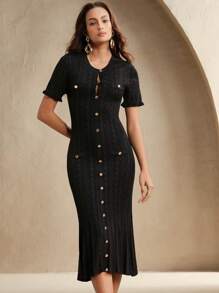 Anewsta Vestido elegante de línea A con botones, manga larga, cuello de volantes, tejido de punto calado con trenzado de cuerda gruesa en unicolor, adecuado para otoño, invierno, eventos formales, fiestas, elegante, ocio, trabajo, graduación, boda - Negro - Ver 6