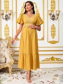 SHEIN Mutterschaftskleid mit floralen Prints, V-Ausschnitt, Rüschen an den Ärmeln, elegantes Design - Gelb - Übersicht 3