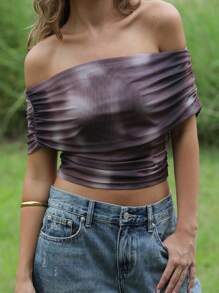 Roylia Camiseta casual elegante con hombros al descubierto, fruncida y de ajuste ceñido con estampado teñido anudado para mujer - Multicolor - Ver 1