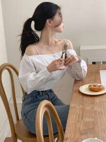 DAZY Blusa elegante de unicolor con hombros descubiertos y manga larga para mujeres, ropa de mujer para otoño