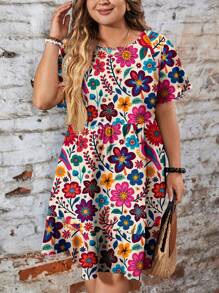 EMERY ROSE Váy dài tay ngắn cổ tròn in hoa rộng rãi cho lễ hội âm nhạc cỡ lớn, phù hợp cho mùa xuân/hè - Nhiều màu - Xem 4