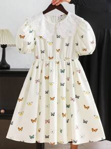 Vestido de fiesta ajustado con cuello, manga abullonada y estampado de mariposa tejido informal y lindo para niñas preadolescentes - Beis - Ver 5