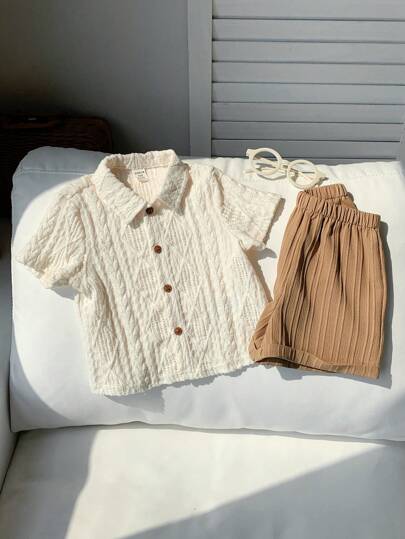 2pcs/Set Baby Boy/Girl Casual Versatile White Solid Hollow Knit Soft Round Neck Short Sleeve Cardigan Top And Contrast Color Cuffed Comfortable Shorts, Suitable For Spring/Summer Wear