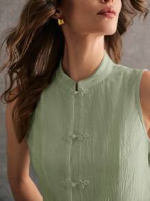 Poéselle Women's Elegant Solid Color Stand Collar Button-Up Camisole - Mint Green - View 5
