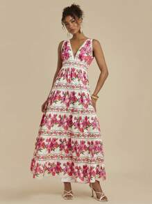 Travachic Urlaubs V-Ausschnitt Blume Muster Rüschen A-Linie romantisches Kleid für Frauen