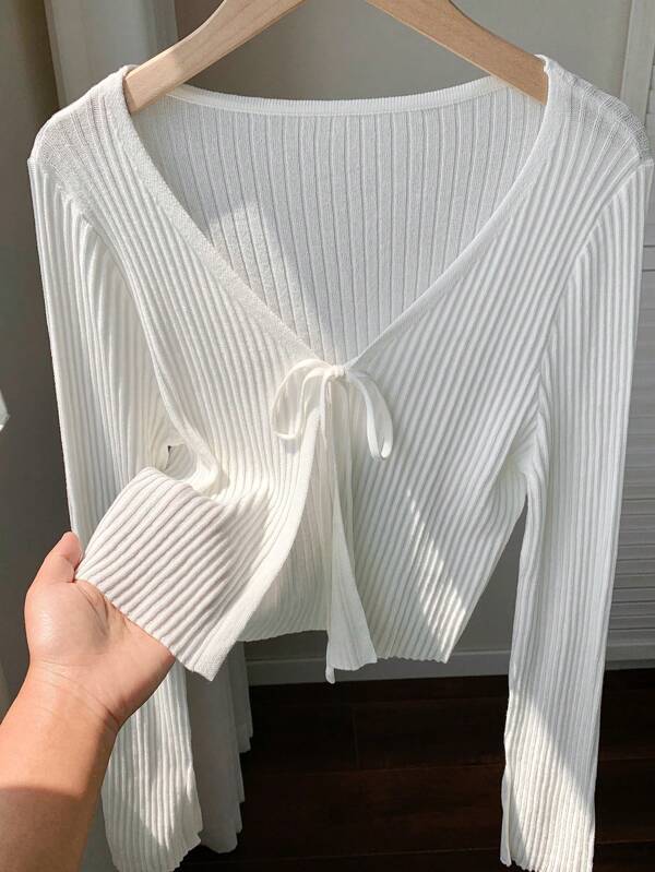 Comfortcana Blusa de punto de manga larga con costilla y nudo para mujer