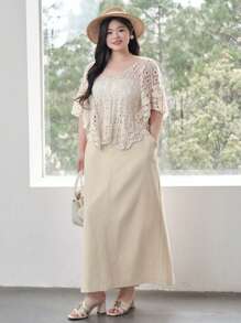 Dazy Plus Plus Size Solid Color Straight Fit High Waist Skirt, Year-Round Wear Fall Skirts - Apricot - View 3