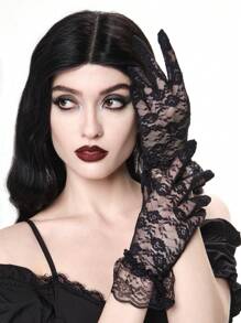 ROMWE Kawaii 1 Pair Women Rose Bride Style Black Lace Short Full Finger Gloves, Suitable For All Seasons - Black - View 1