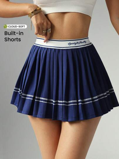 CourtClass 女士字母编织缎带短款瑜伽运动网球褶皱蓝色裙子