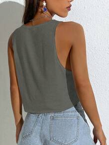 SHEIN EZwear Women Loose Casual Cat Pattern U-Neck Cropped Tank Top, Suitable For Summer Back To School - Grey - View 2