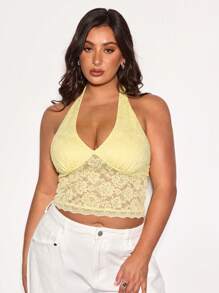 SHEIN BAE Top d'été en dentelle sexy et mignon, col en V, dos nu, style bohème. Convient pour les femmes, les grandes tailles, les vacances d'été, les sorties, les festivals de musique, les fêtes, les concerts, les carnavals. Couleur jaune beurre.