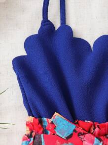 SHEIN Young Girl Woven Solid Color Camisole Spliced Ditsy Floral Loose Casual Vacation Romper - Blue - View 6