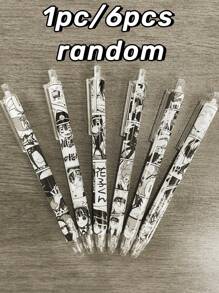 SHEIN 6支装漫画主题凝胶墨水笔，中号笔尖，塑料滚珠笔，适用于办公室和学生文具用品，开学季适用 - 均碼 - 查看 2