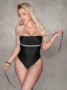 SHEIN Swim 1pc White Tummy Control One-Piece Swimsuit With Patchwork Design For Summer Beach Vacation - Brown - View 4