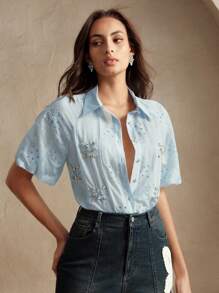 Anewsta Women's Elegant Embroidered Hollow Puff Sleeve Short Sleeve Handmade Rhinestone Lapel Blouse, Festival, Going Out, Vacation , Women Spring Summer - Baby Blue - View 6