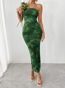 Chiquease 扎染褶饰开衩抹胸长裙女装